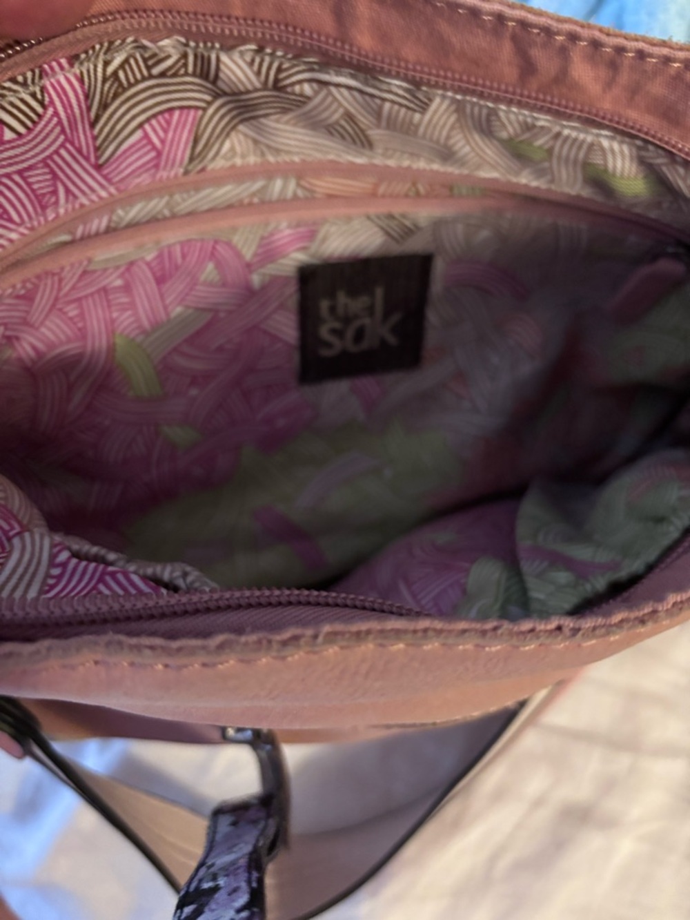 The Sak Pink Leather Crossbody with Patterned Interior
